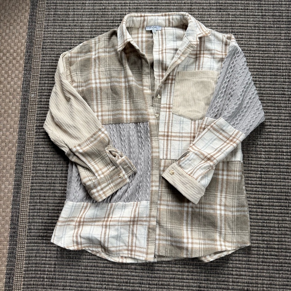 Polagram Women's Patchwork Plaid Shacket- Cream, Gray, Brown